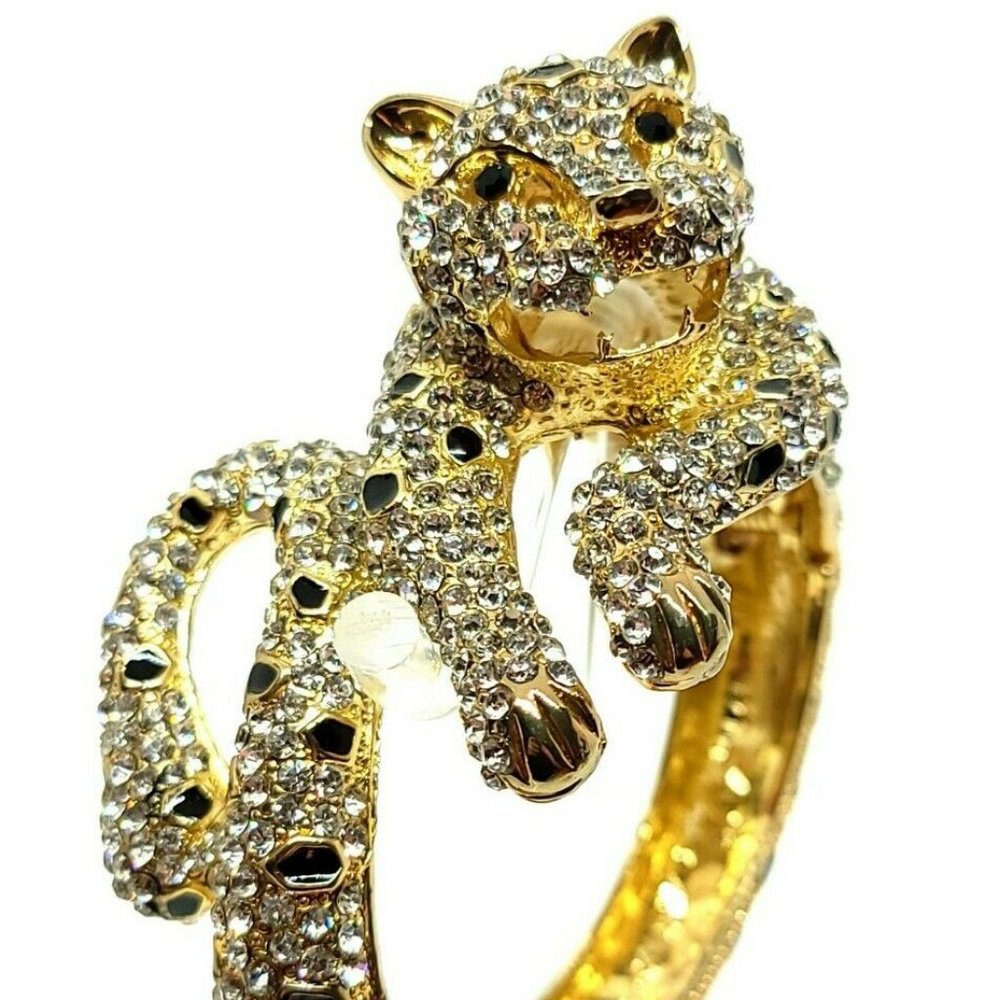 Huge Vintage Crystal Rhinestone & Black Enamel Spotted Leopard Clamper Bracelet